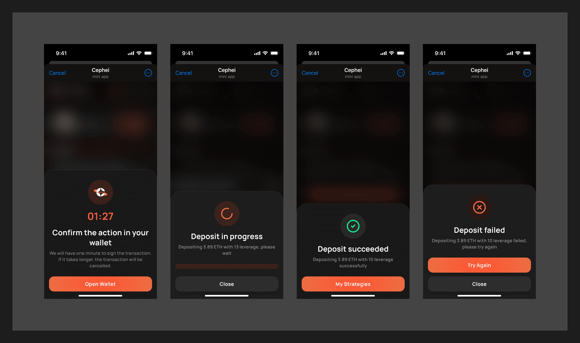 deposit states — confirm, progress, success, failure